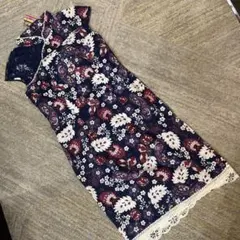 花柄ネイビー半袖ワンピース　チャイナドレス