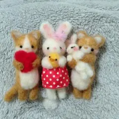 羊毛フェルト・ちびっこ仲良しくま&ウサギ&ハチワレ猫ちゃんセット