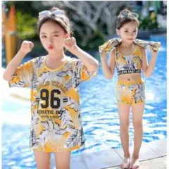 黄色 ラッシュガード キッズ 水着 3点セット XL　タンキニ ボタニカル柄