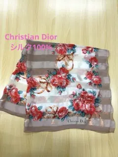 Christian Dior ディオール スカーフ バラ柄 リボン シルク100