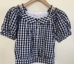 メゾピアノ　チェック柄パフスリーブブラウス　半袖　紺白　160