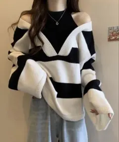 オフショルダー Vネック ニットセーター