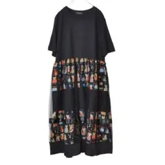 M～L 重ね着風 チュール ネコ柄プリント ワンピース レディース/ブラック