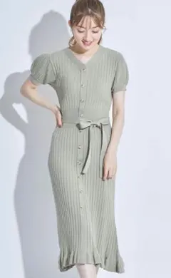 ウエストりぼん付きフロントボタン裾フリルシャリ感リブニットワンピース　ミント