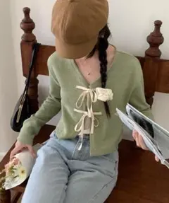 リボンカーディガン　韓国　パステルグリーン　配色　ファッション　春