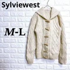 カーディガン ウール100％ M-L ベージュ ケーブル編み ニット 3946