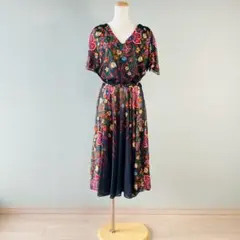 花柄 フラワープリントVネック ウエストリボン 半袖 ロングワンピース N701