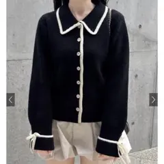 GRL グレイル 配色ラインリボンニットカーディガン[pm708] ブラック