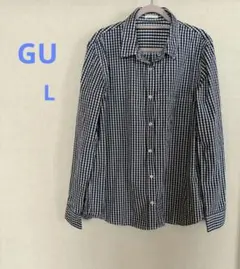 GU　ネイビーとホワイトのギンガムチェック長袖シャツ