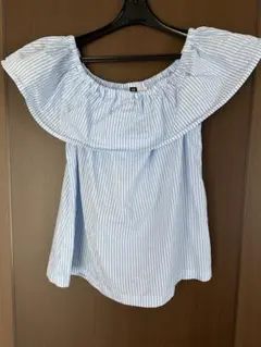 H &M オフショルダー 半袖シャツ 青白ストライプ