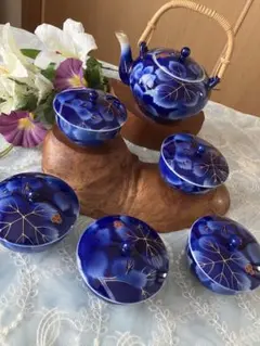 上品❤️深川製磁 染錦瑠璃葡萄柄 金彩急須と蓋付き湯呑セット 宮内庁御用達