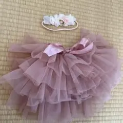 フリル付きチュールベビードレスとヘアバンドセット　60-80 ピンク 女の子