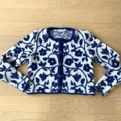 ZARA 花柄ニットカーディガン 長袖 ネイビー/グレー