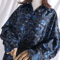 SENSO UNICO 幾何学柄 ブラック レトロ 海外古着 シャツ ブラウス 