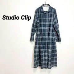 5410U△スタディオクリップ チェック柄 長袖ロングシャツワンピース 緑　春秋