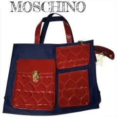 MOSCHINO モスキーノ　ハート　エナメル　バッグ　鞄　ネイビー　赤のサムネイル