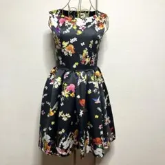 Chesty☆鮮やかな花々と鳥たちのワンピ フレアドレス膝丈0サイズチェスティ