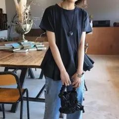 ペプラムカットソー ブラック M Tシャツ 黒 無地 おしゃれ 大人可愛い