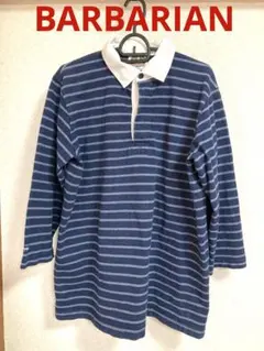 BARBARIAN ネイビー ストライプ ラガーシャツ七分袖ポロシャツのサムネイル