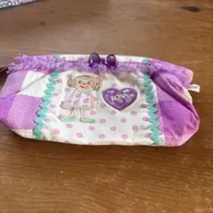 SALE Curly ポーチ パープル チェック柄 女の子 刺繍のサムネイル