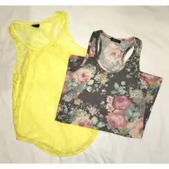 レースタンクトップ 花柄タンクトップ 2点セット イエロー 透け感