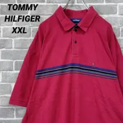【トミーヒルフィガー】半袖鹿の子ポロシャツ えんじ ライン US古着