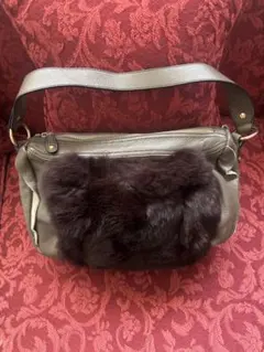 レザー ファー ハンドバッグ グレー