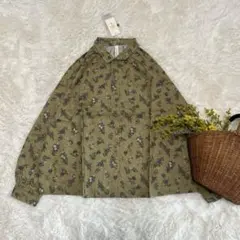 新品 ギャザーブラウス 花柄 ベージュ M〜L 前開き羽織りのサムネイル