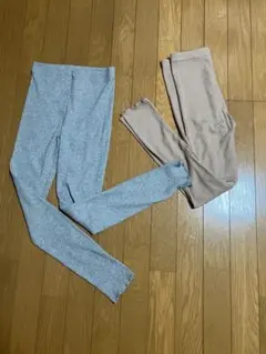 リブ編みハイウエストレギンス2点セット　グレー、ピンクベージュ