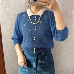 ヴィンテージ レトロ古着 帽子刺繍襟付きニットセーター 七分袖 青系のサムネイル