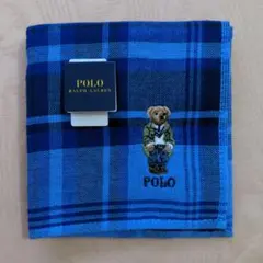 ポロラルフローレン　ガーゼタオルハンカチ　ポロベア　チェック(ブルー)