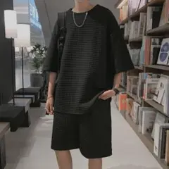 【最終値下げ】メンズ セットアップ ブラック 半袖 黒 ワッフル風 Lサイズ