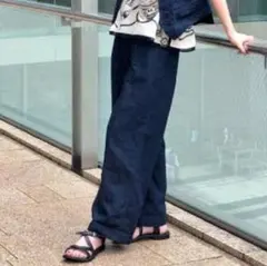 45R リネンのワーク3 インディゴリネンワイドパンツ Lのサムネイル