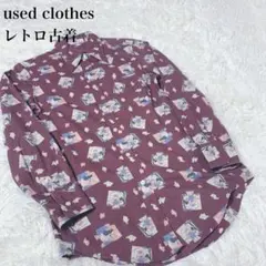 レトロ古着 総柄シャツ イラスト柄 ボルドー 長袖