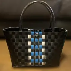 GW限定出品！編み込みかごバッグ 黒 青 ストライプ