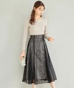 tocco closet ハイウエスト切り替えレースドッキングワンピース