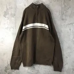 Y1073古着　ニットセーター　　ハーフジップ　ワンポイント　ボーダー　茶色