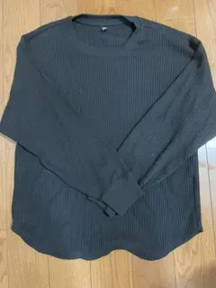 ユニクロ ワッフルクルーネックT 長袖 ブラック ラウンドヘム