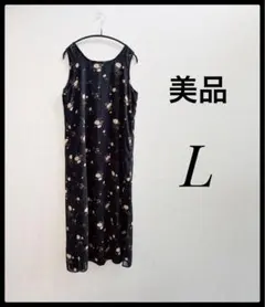 美品　黒 ブラック　花柄　キャミワンピース ノースリーブワンピース　L