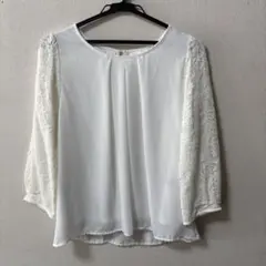 ホワイト レース七分袖ブラウス Lサイズ