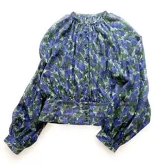 美品 UNTITLED 花柄 シフォンブラウス ペプラム サイズ2 ブルーのサムネイル