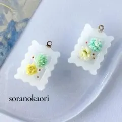 GW限定☆春色 小花 レジンピアス／イヤリング グリーン イエロー ナチュラル