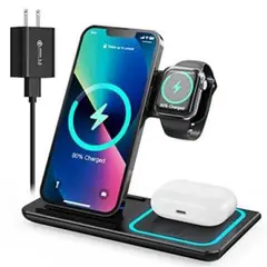 ワイヤレス充電器 3in1 急速充電 18WQC3.0アダプター付属 ブラック