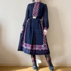 希少 小花柄 オリエンタル スタンドカラーワンピース 昭和レトロ 一点物 黒 紫