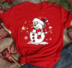 当日発送Tシャツクリスマス 男女兼用赤L雪だるま