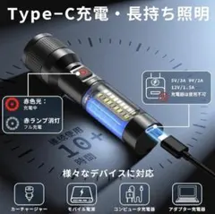 防災用 LED懐中電灯 1000lm USB-C充電 ズーム COBライト