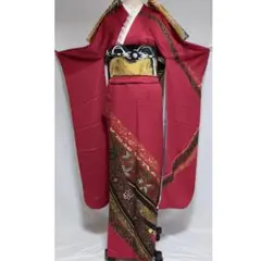 シンプル■ルージュレッド系振袖6点セット■長襦袢 帯 帯締め 帯揚げ付きTS50