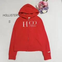 【ホリスターHOLLISTER】ジップアップ　パーカー　裏起毛　ロゴ刺繍　赤　S