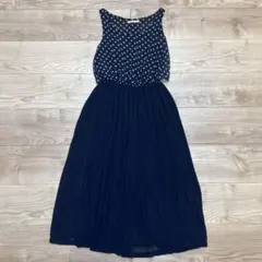 ネイビー ドット柄 ノースリーブ ロングワンピース
