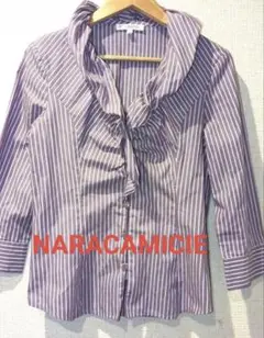 NARACAMICIE フリル付き紫ストライプシャツ Mサイズ